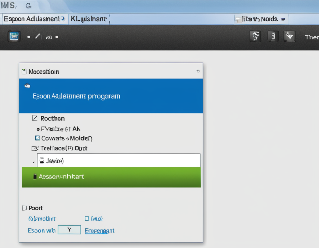 A screenshot of the Epson Adjustment Program interface. The background is light green with blue text at the top reading "EPSON Adjustment Program." The interface contains a dropdown menu labeled "Model Name" with multiple Epson printer models listed, such as L1210, L1211, and L3210, among others. The selected model is highlighted in blue. Below the model selection, additional fields are labeled "Destination," "Language," and "Port," with the port set to "Auto Selection." At the bottom of the interface are two buttons: "OK" and "Quit." The program has a simple and functional design, tailored for technical use.