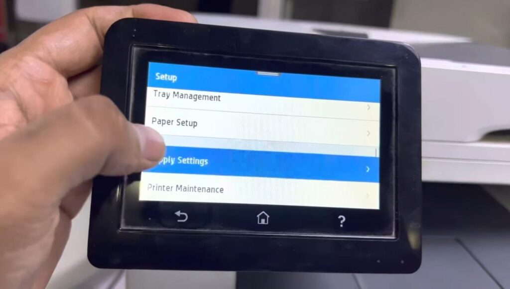 HP Color LaserJet Pro showing non-HP chip error on screen
