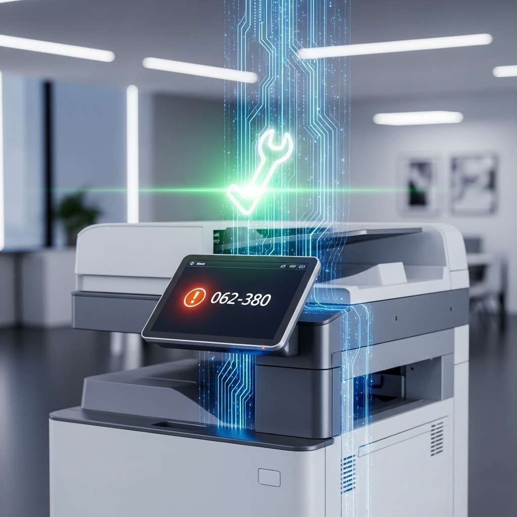 A USB flash drive containing a firmware update is plugged into the front port of a large Xerox office printer displaying an error message.