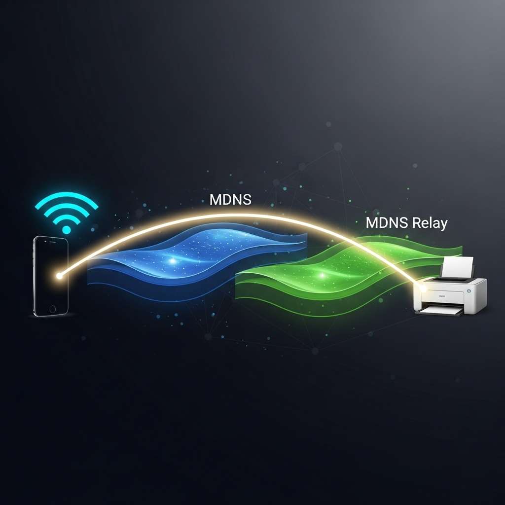 A network diagram showing a firewall with an mDNS reflector forwarding AirPrint discovery packets from a trusted VLAN to a guest VLAN.