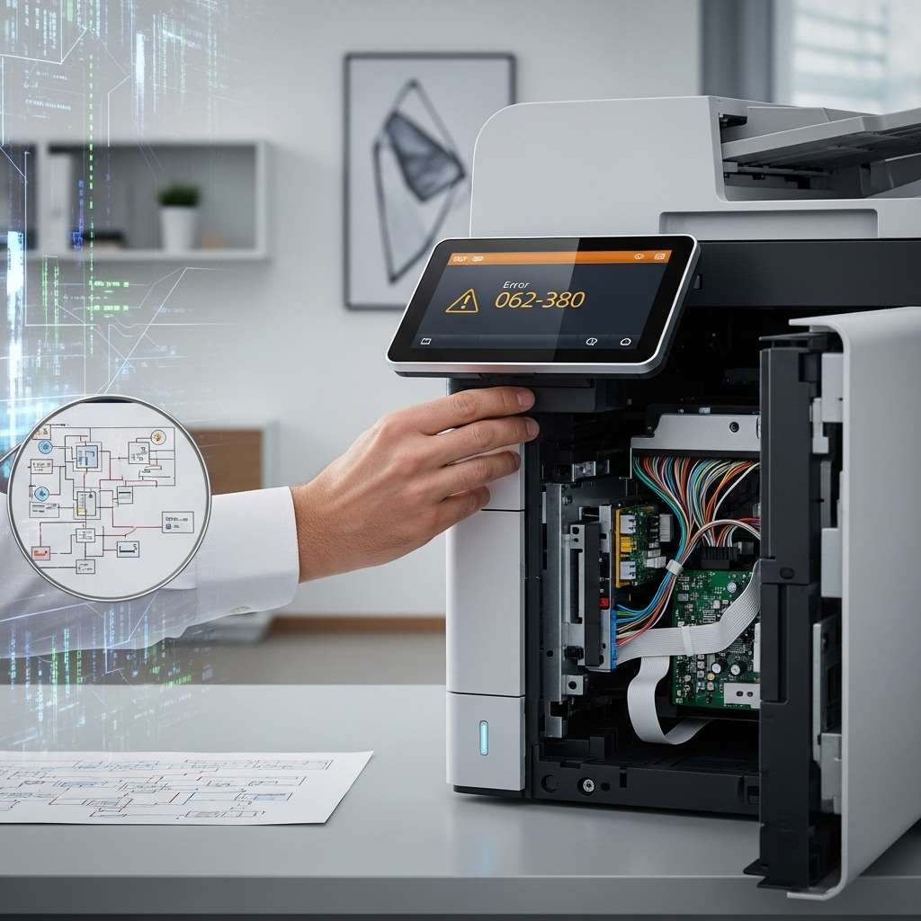 A technician wearing blue gloves carefully cleans the narrow CVT glass strip inside a Xerox multifunction printer with a microfiber cloth.
