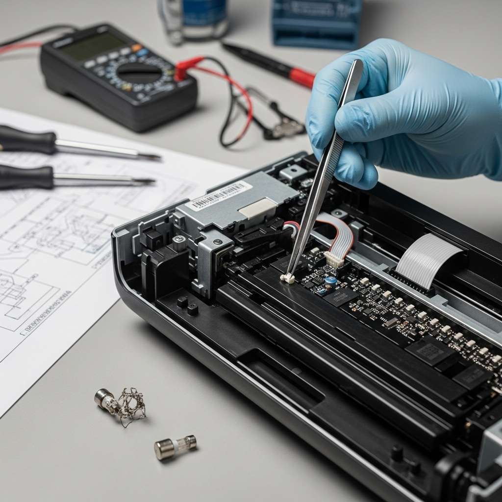 A technician pointing to the FFC ribbon cable connected to an Epson print head carriage.