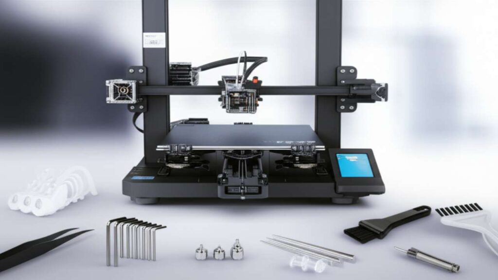 A technician using precision drivers from a 3D printer maintenance toolkit to open the electronics case of a 3D printer.